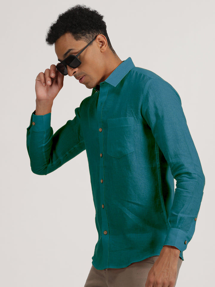 Harvey - Pure Linen Full Sleeve Shirt - Peacock Blue