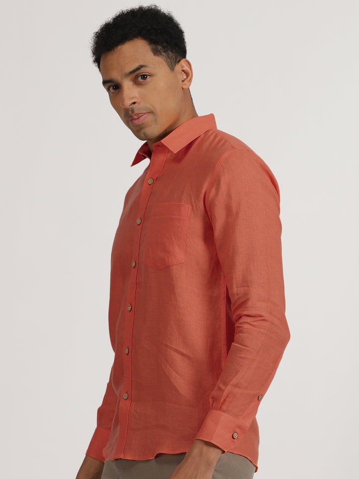 Harvey - Pure Linen Full Sleeve Shirt - Saffron Red