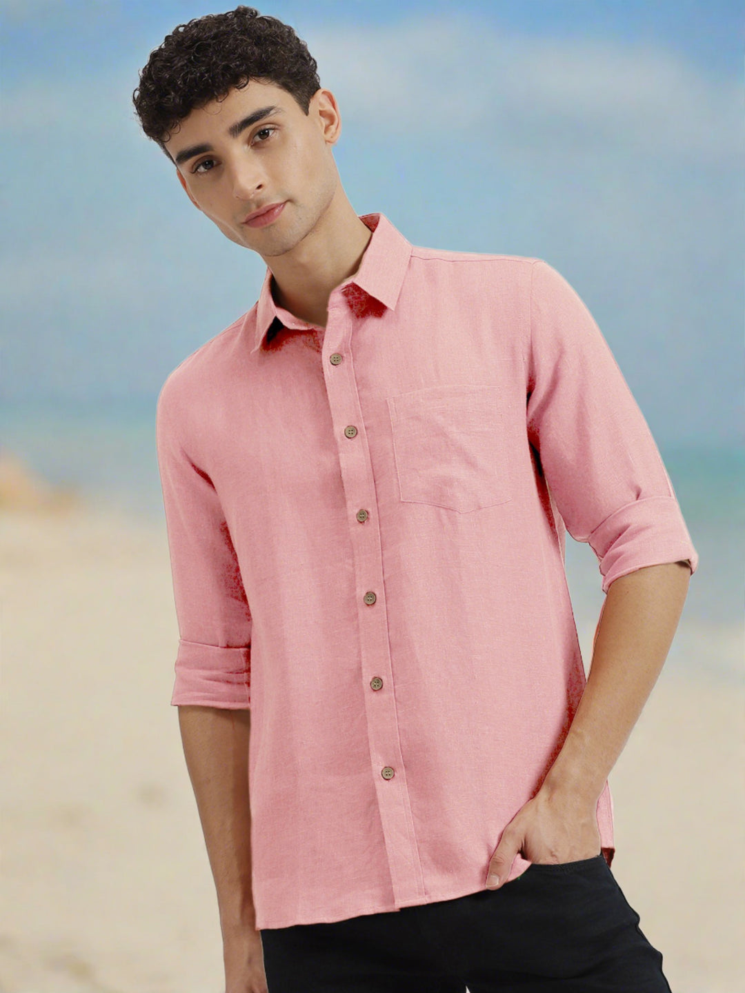 Harvey - Pure Linen Full Sleeve Shirt - Salmon Pink