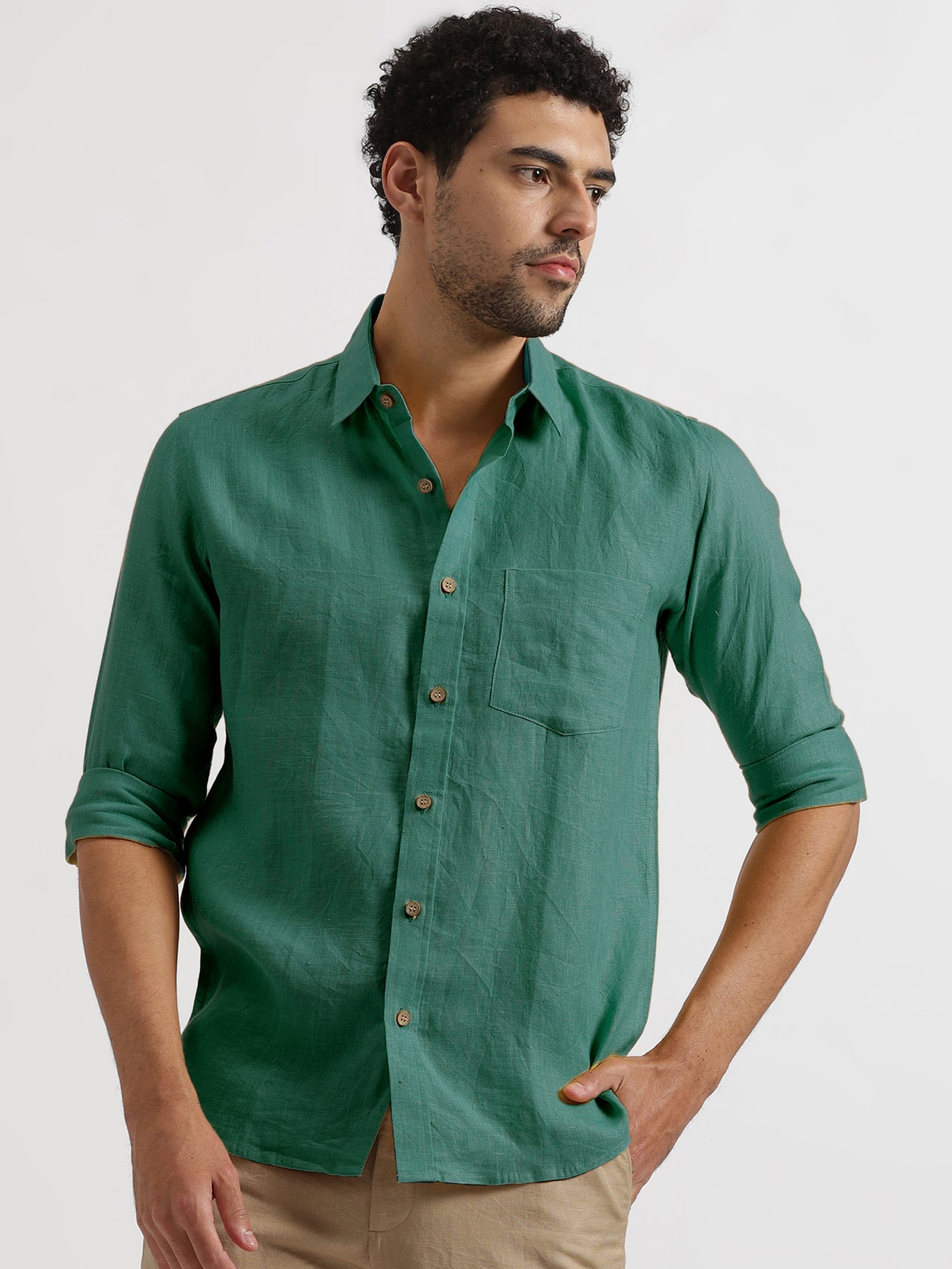 Harvey - Pure Linen Full Sleeve Shirt - Teal Green