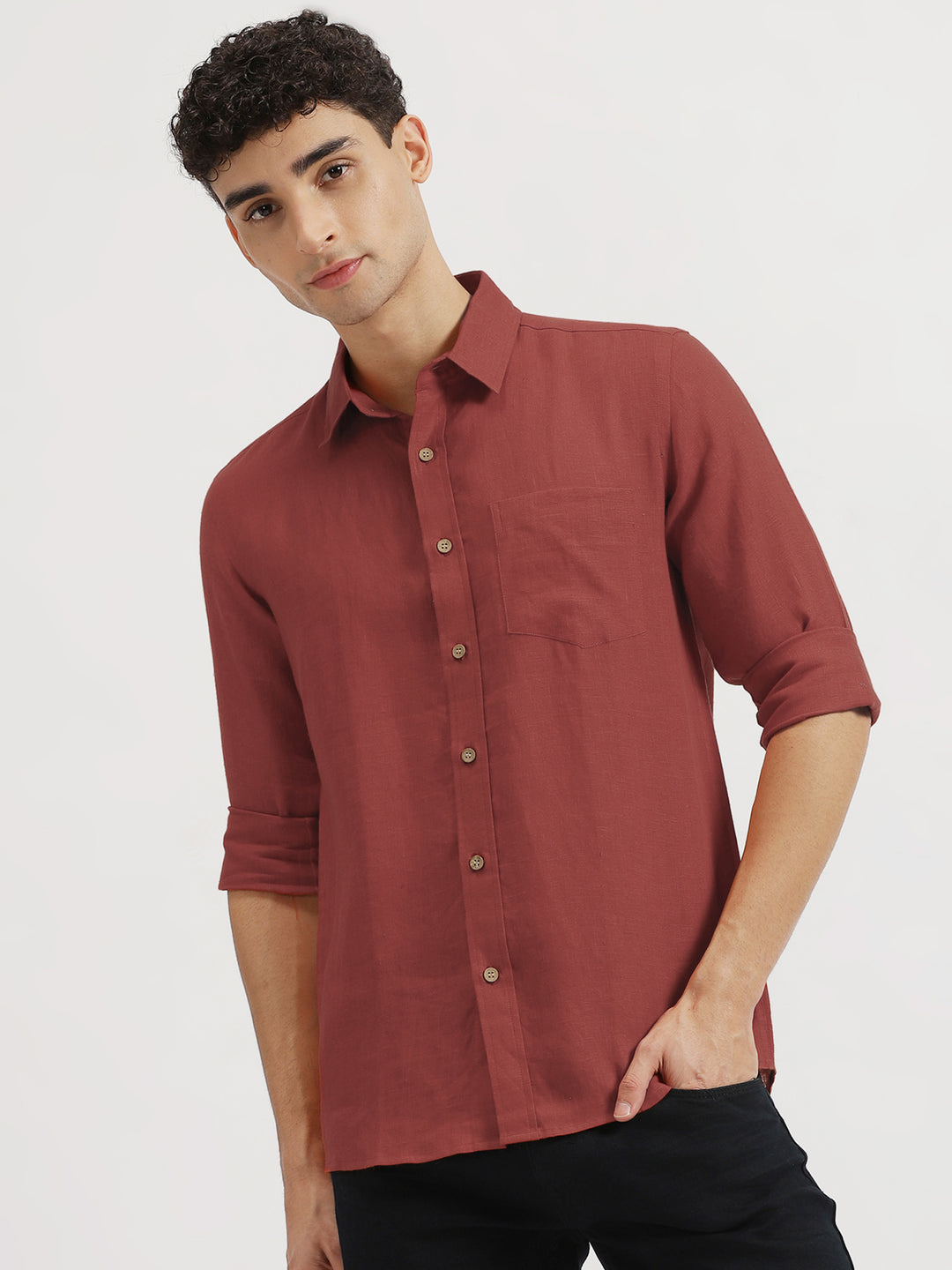 Harvey - Pure Linen Full Sleeve Shirt - Terracotta Red