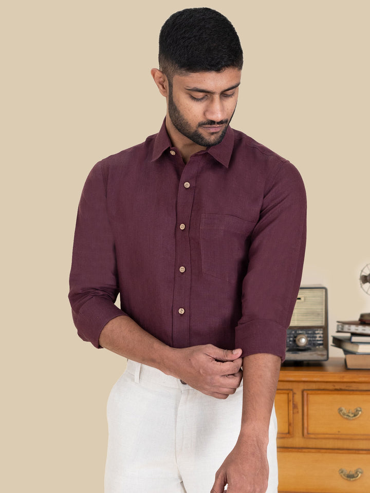 Harvey - Pure Linen Full Sleeve Shirt - Wine Red | Rescue