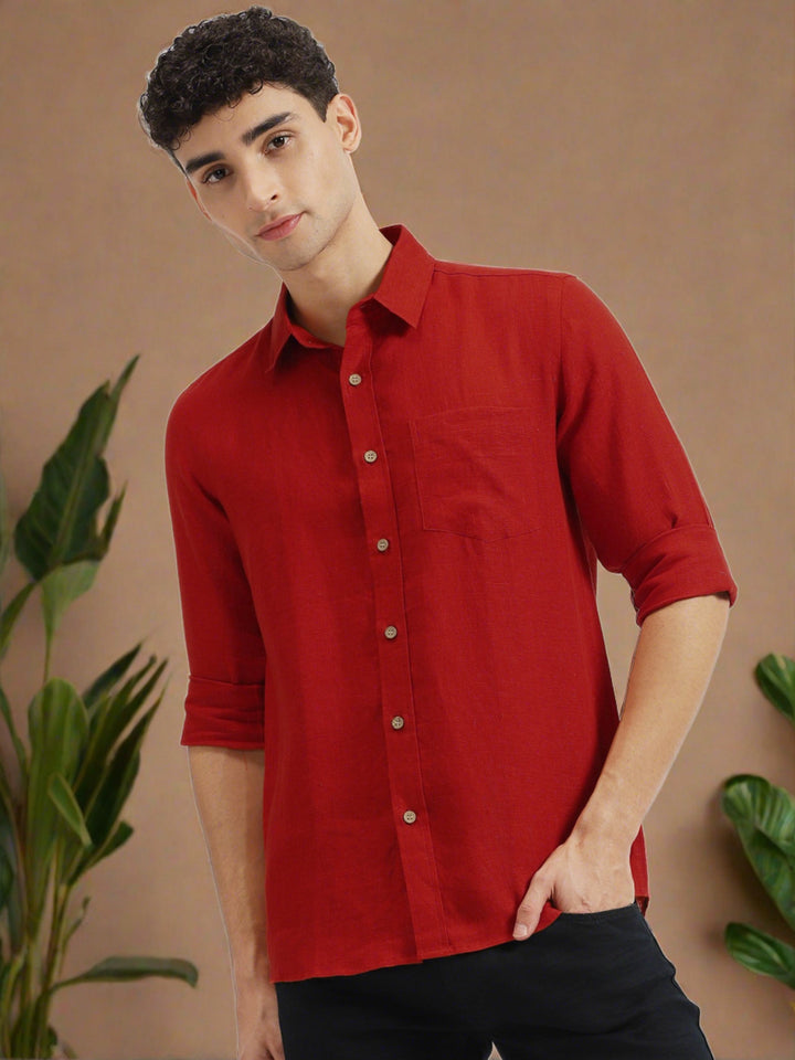 Harvey - Pure Linen Full Sleeve Shirt - Mud Red