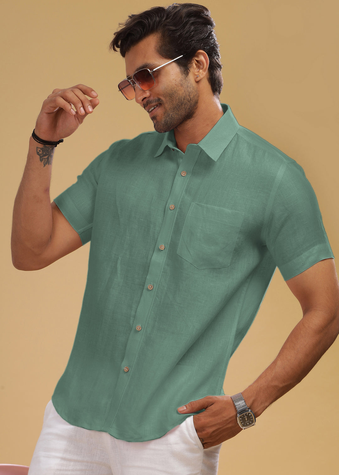 Harvey - Pure Linen Half Sleeve Shirt - Spring Green