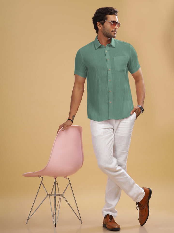 Harvey - Pure Linen Half Sleeve Shirt - Spring Green