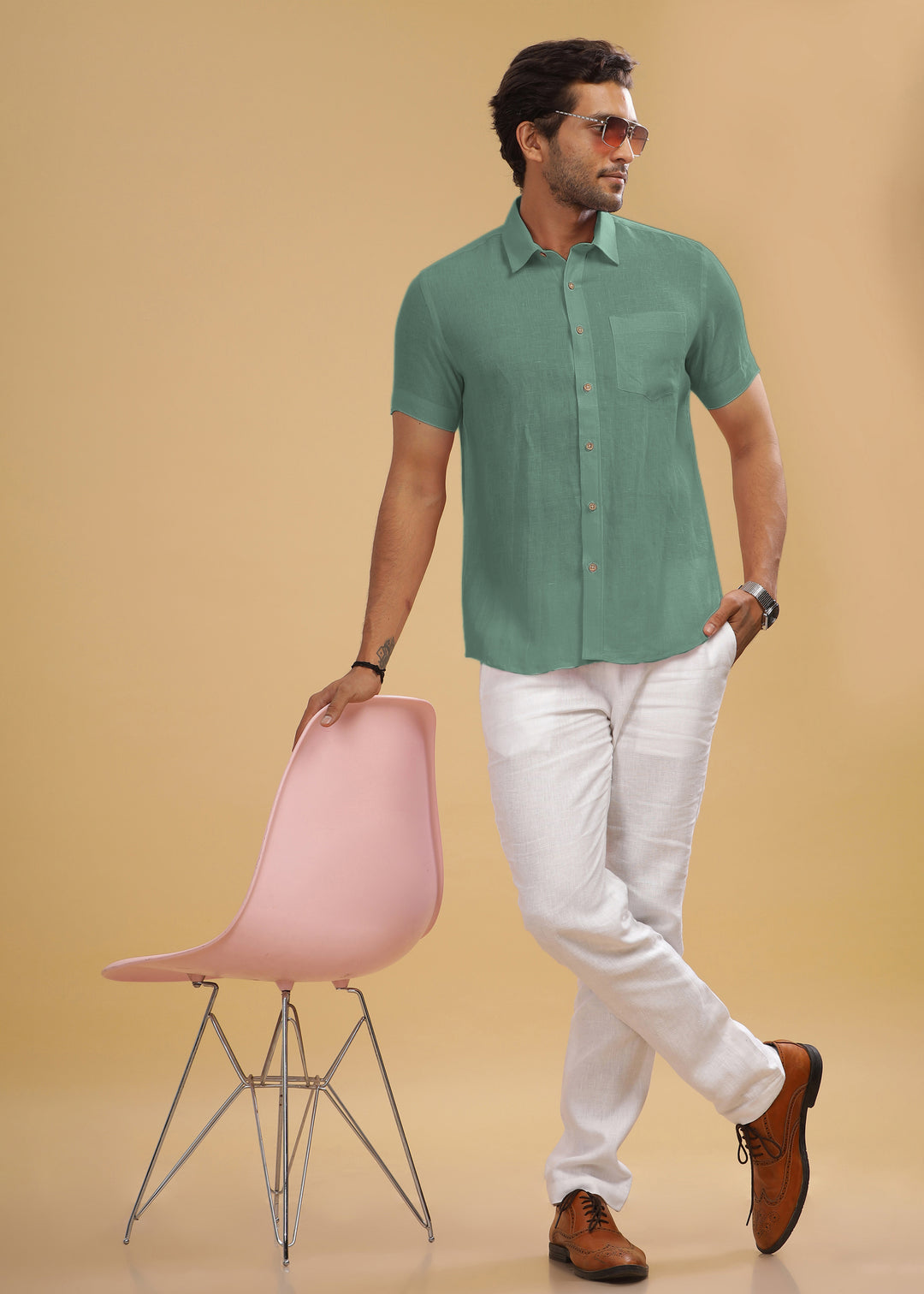 Harvey - Pure Linen Half Sleeve Shirt - Spring Green