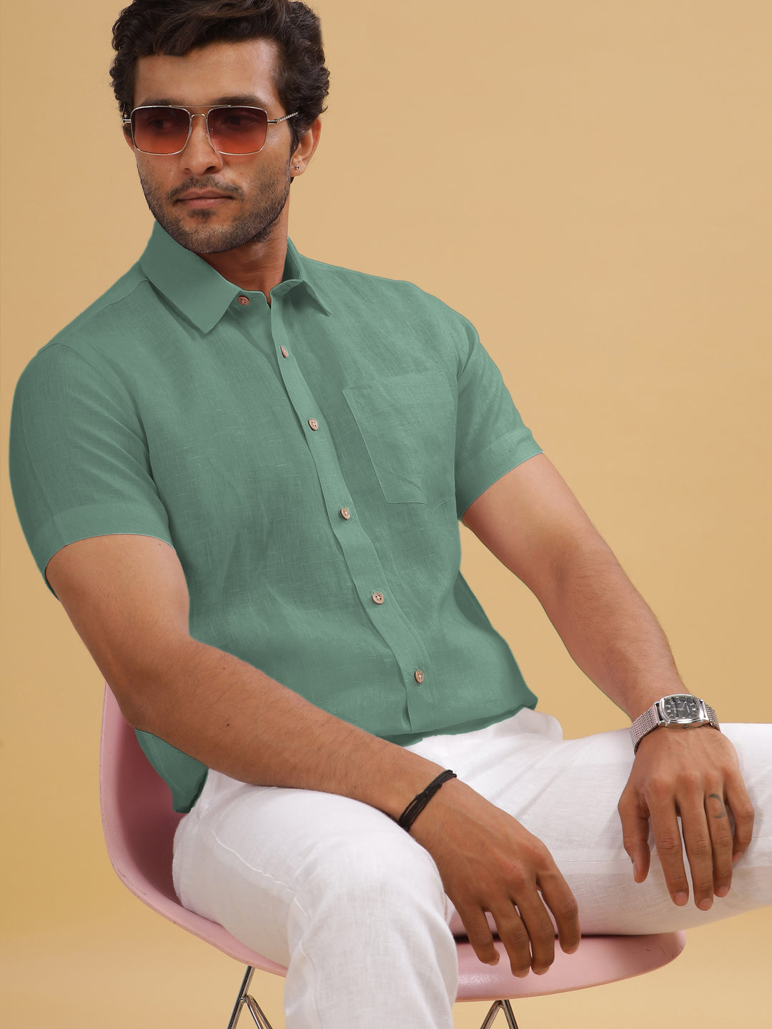 Harvey - Pure Linen Half Sleeve Shirt - Spring Green