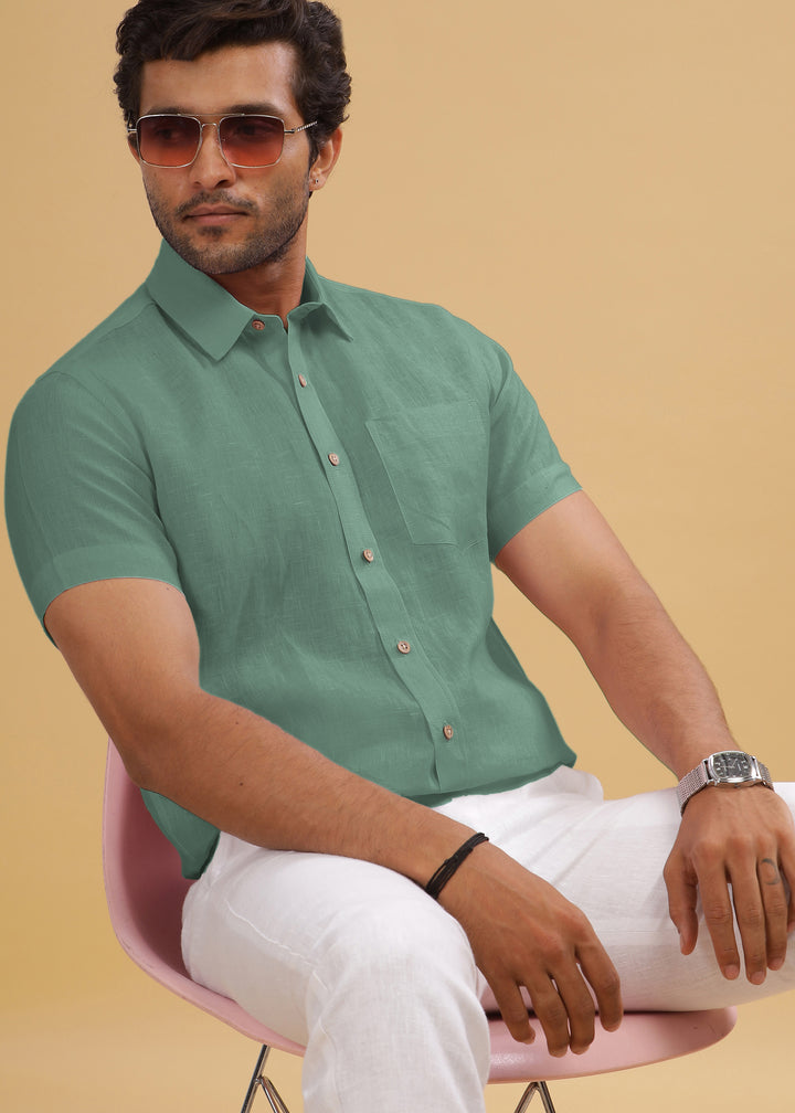 Harvey - Pure Linen Half Sleeve Shirt - Spring Green