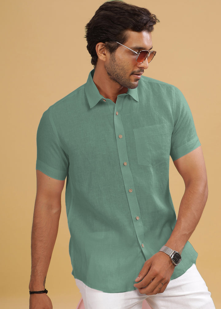 Harvey - Pure Linen Half Sleeve Shirt - Spring Green