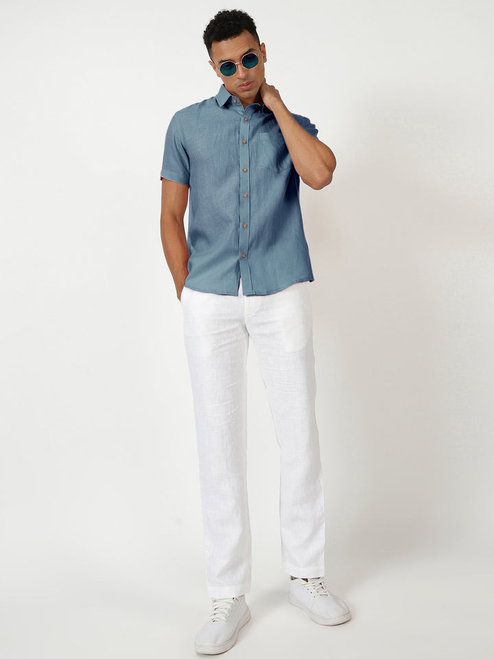 Harvey - Pure Linen Half Sleeve Shirt - Blue Grey