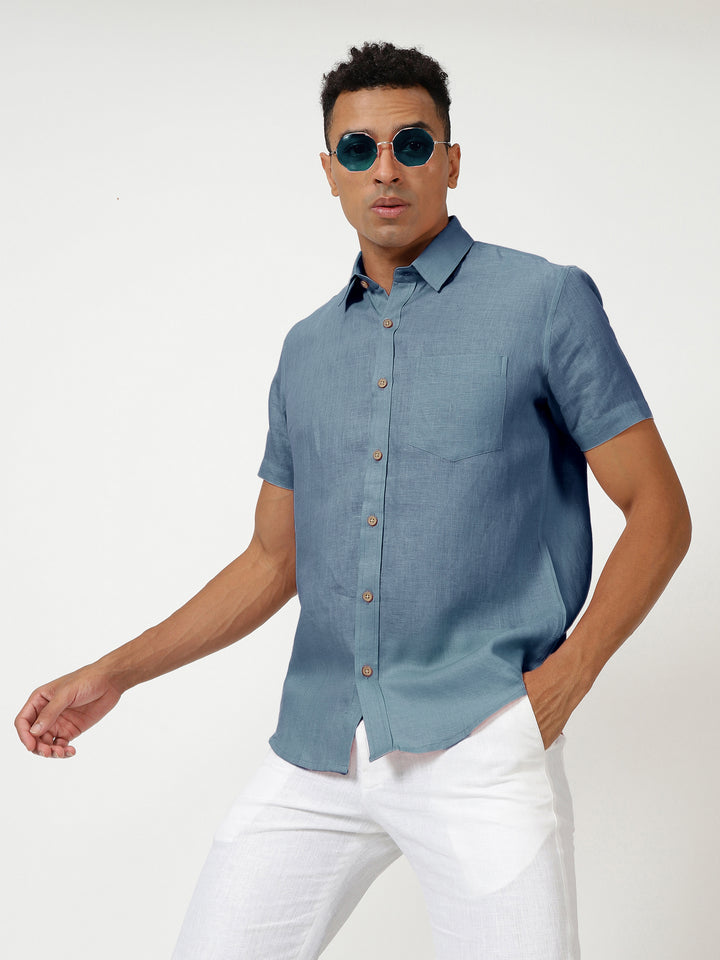 Harvey - Pure Linen Half Sleeve Shirt - Blue Grey