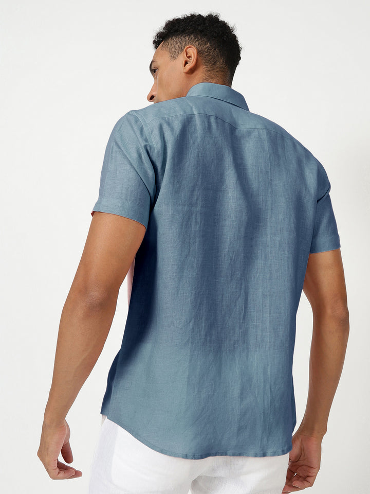 Ron - Pure Linen Half Sleeve Shirt - Blue Grey