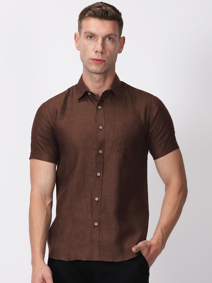 Harvey - Pure Linen Half Sleeve Shirt - Coffee Brown
