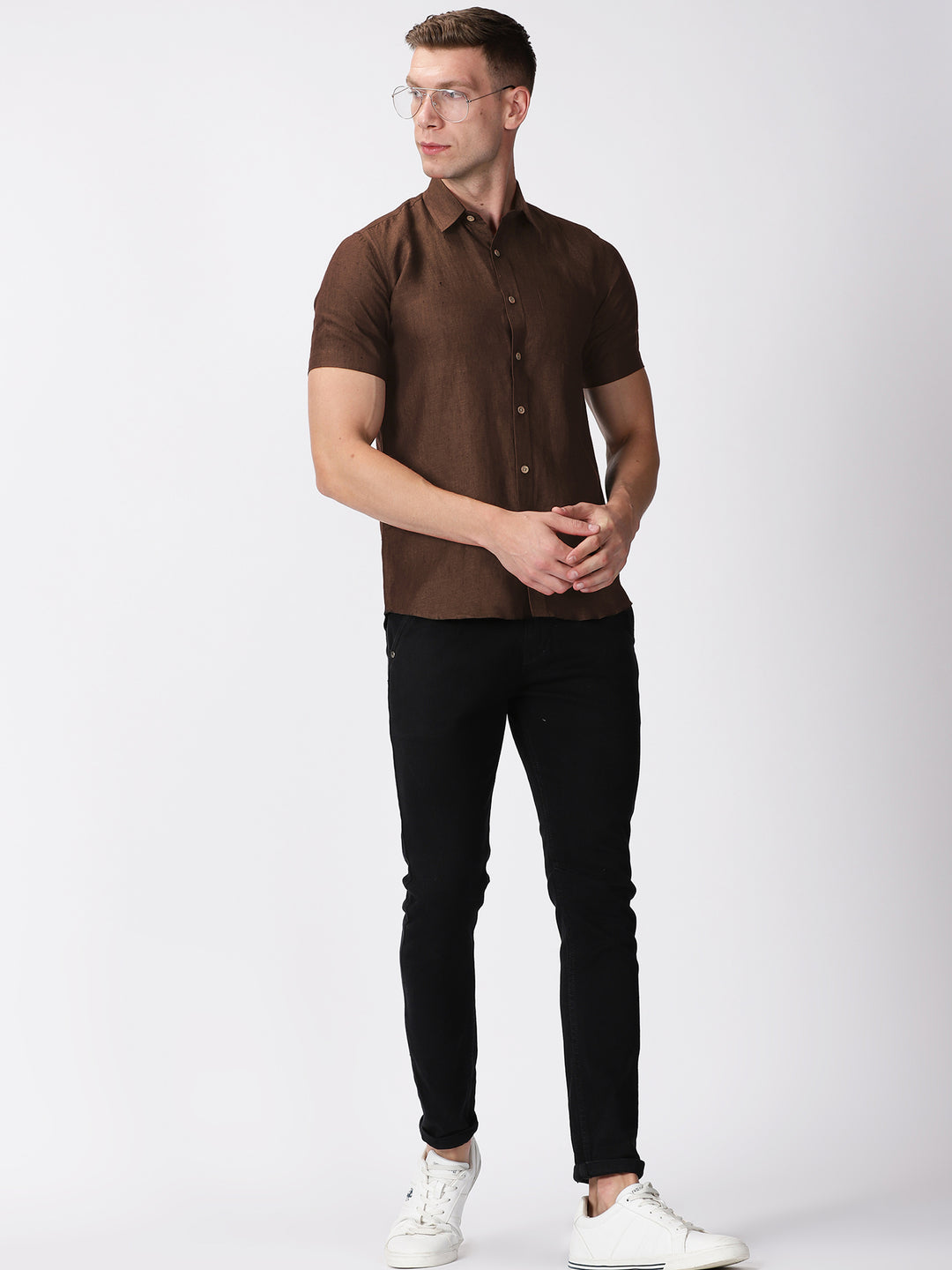 Harvey - Pure Linen Half Sleeve Shirt - Coffee Brown