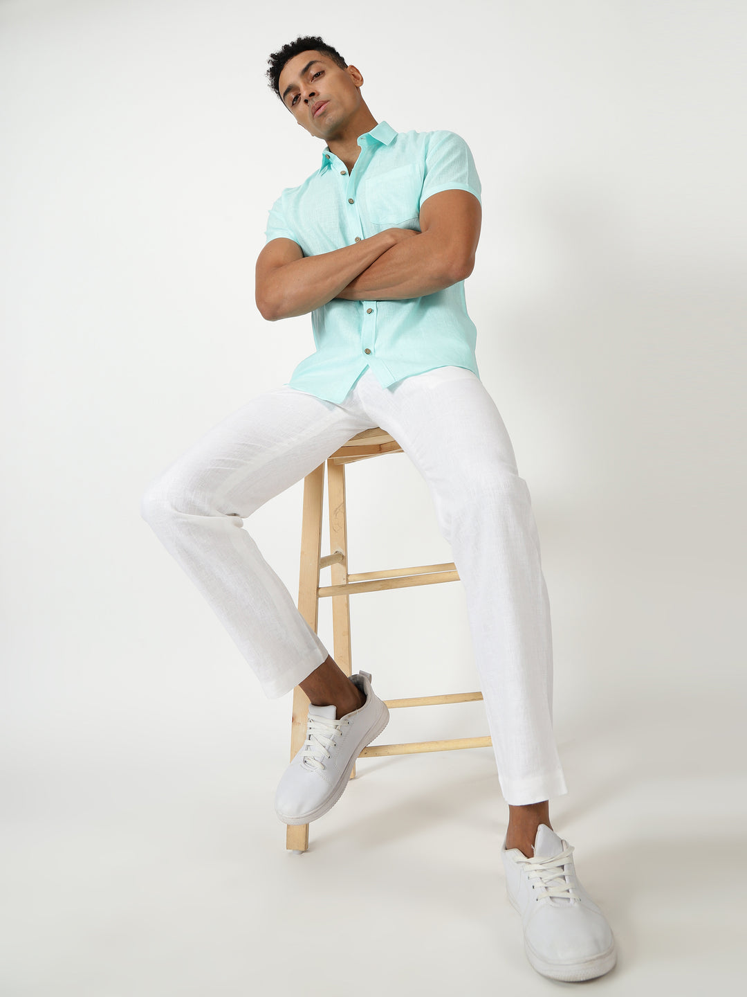 Island Blue Bliss Look | Cyan Blue Harvey Linen Shirt & Pure White Trousers