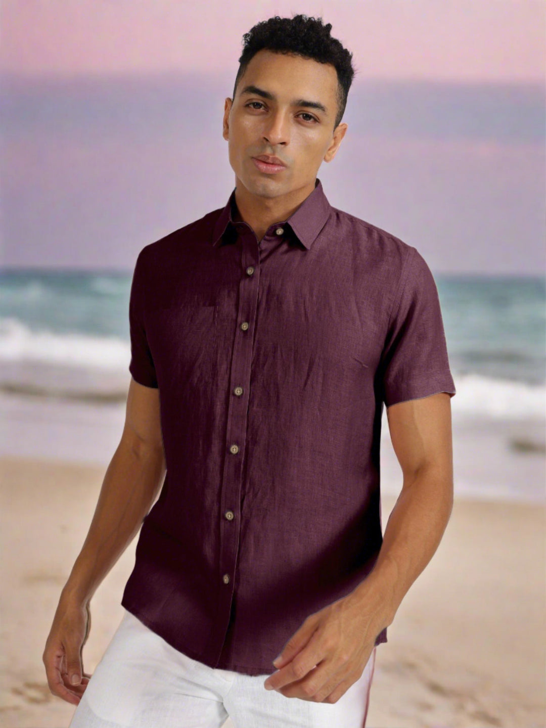 Harvey - Pure Linen Half Sleeve Shirt - Dark Purple