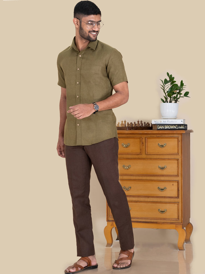 Harvey - Pure Linen Half Sleeve Shirt - Hunter Green