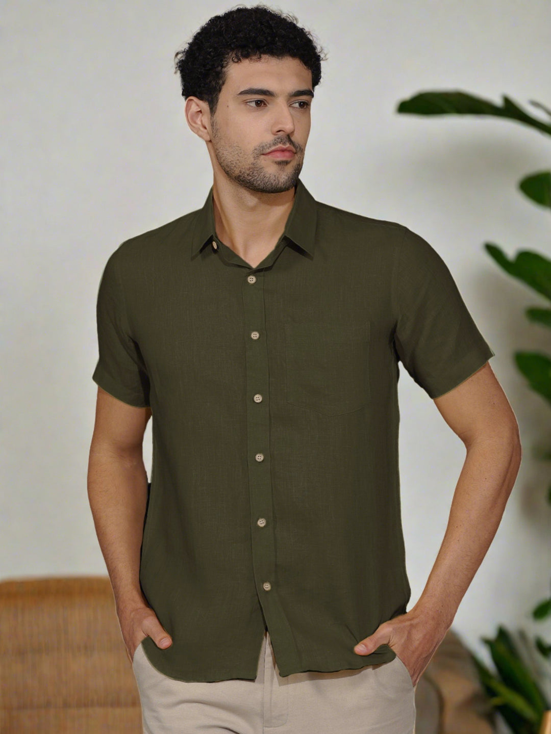 Harvey - Pure Linen Half Sleeve Shirt - Moss Green