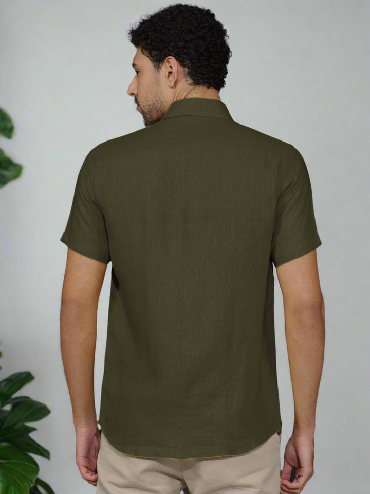 Ron - Pure Linen Half Sleeve Shirt - Moss Green