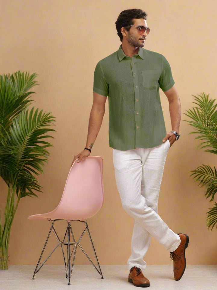 Harvey - Pure Linen Half Sleeve Shirt - Olive Green