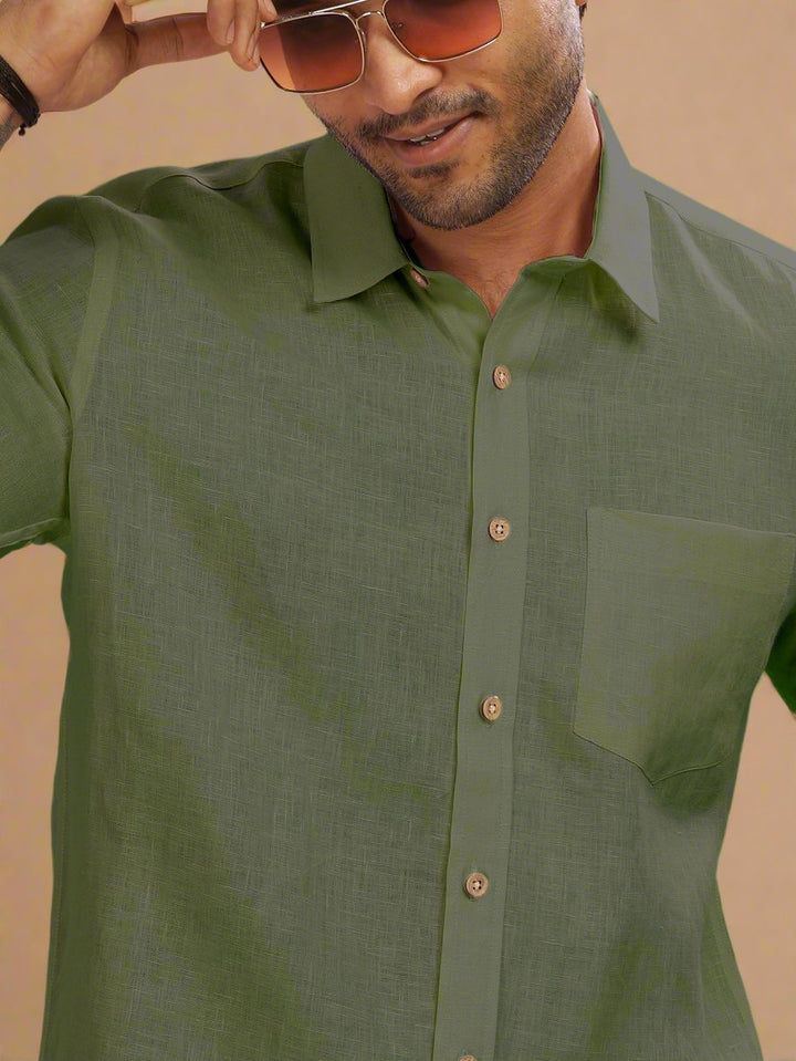 Harvey - Pure Linen Half Sleeve Shirt - Olive Green