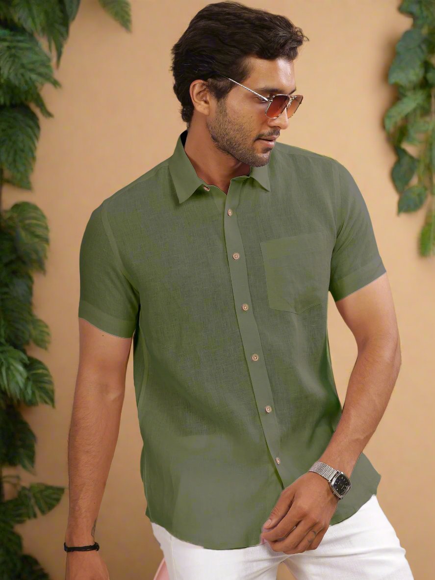 Harvey - Pure Linen Half Sleeve Shirt - Olive Green