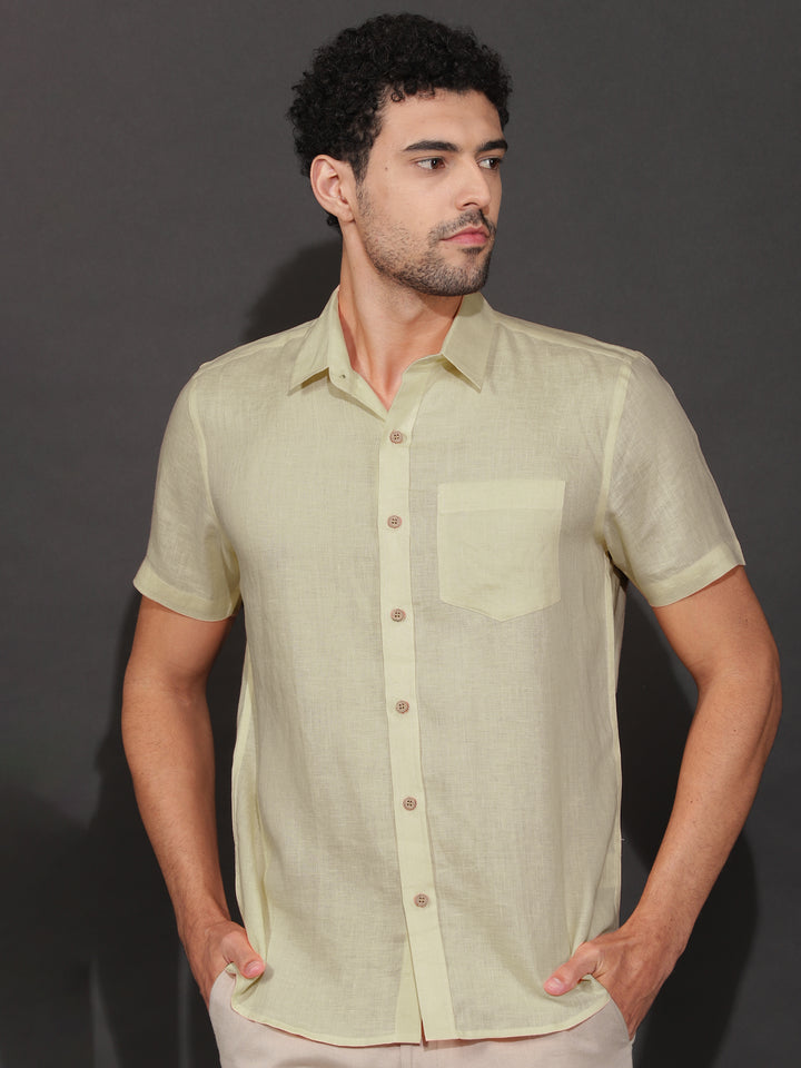 Harvey - Pure Linen Half Sleeve Shirt - Pistachio Yellow