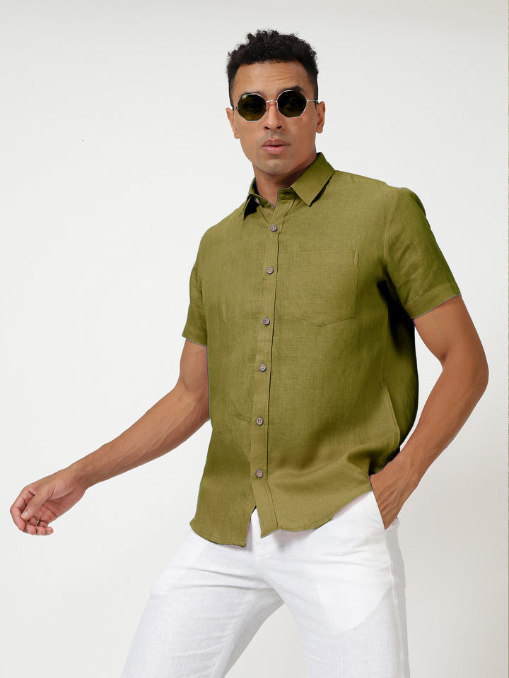 Harvey - Pure Linen Half Sleeve Shirt - Sap Green