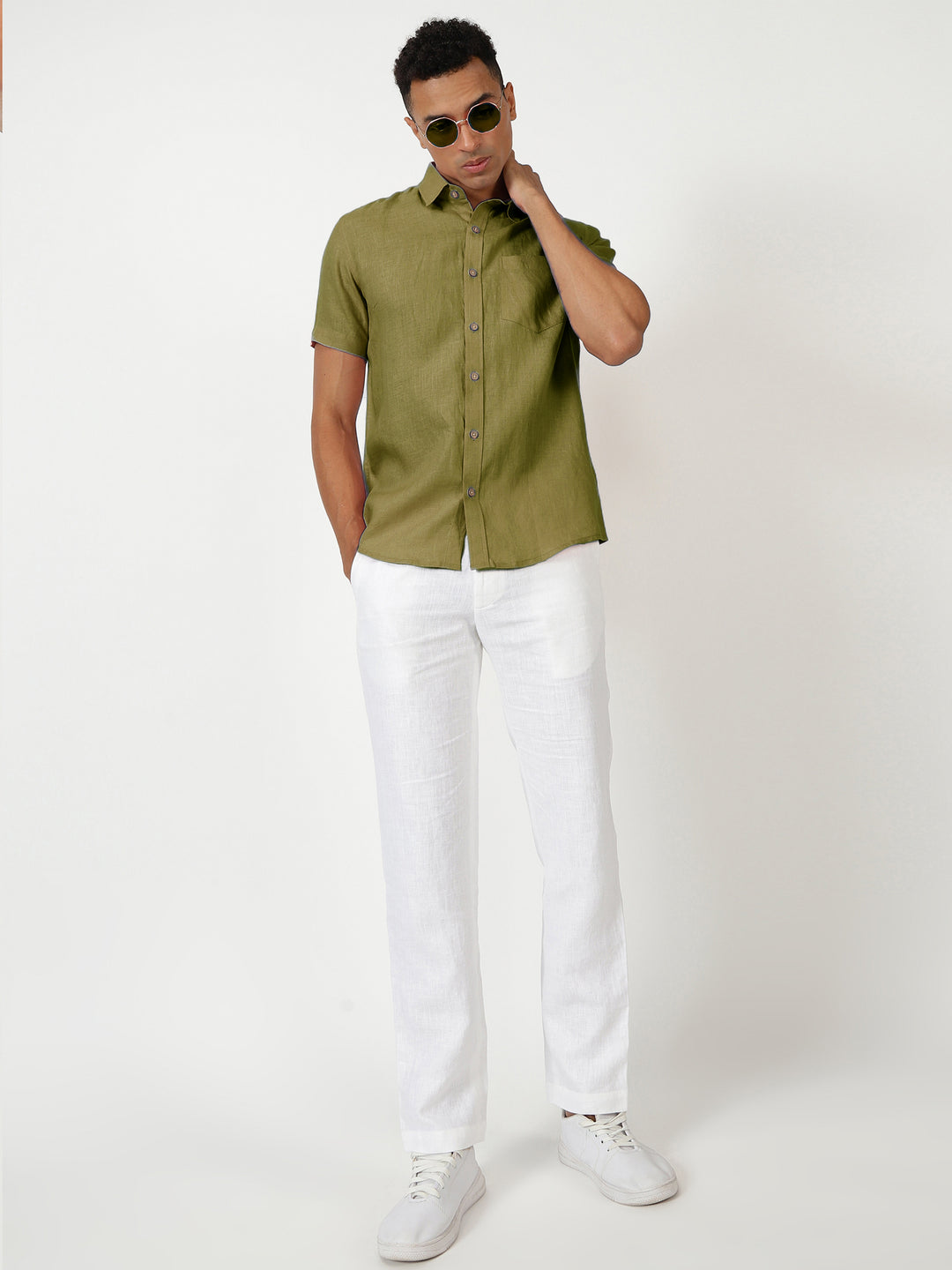 Harvey - Pure Linen Half Sleeve Shirt - Sap Green
