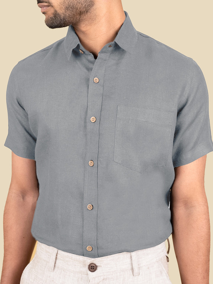 Harvey - Pure Linen Half Sleeve Shirt - Slate Grey