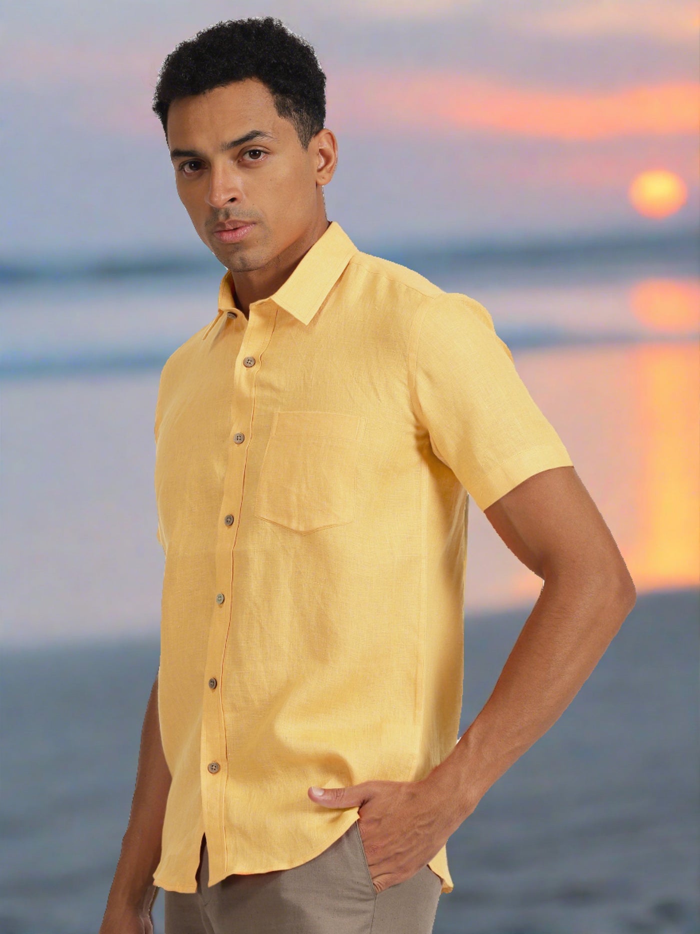 Harvey - Pure Linen Half Sleeve Shirt - Spectra Yellow