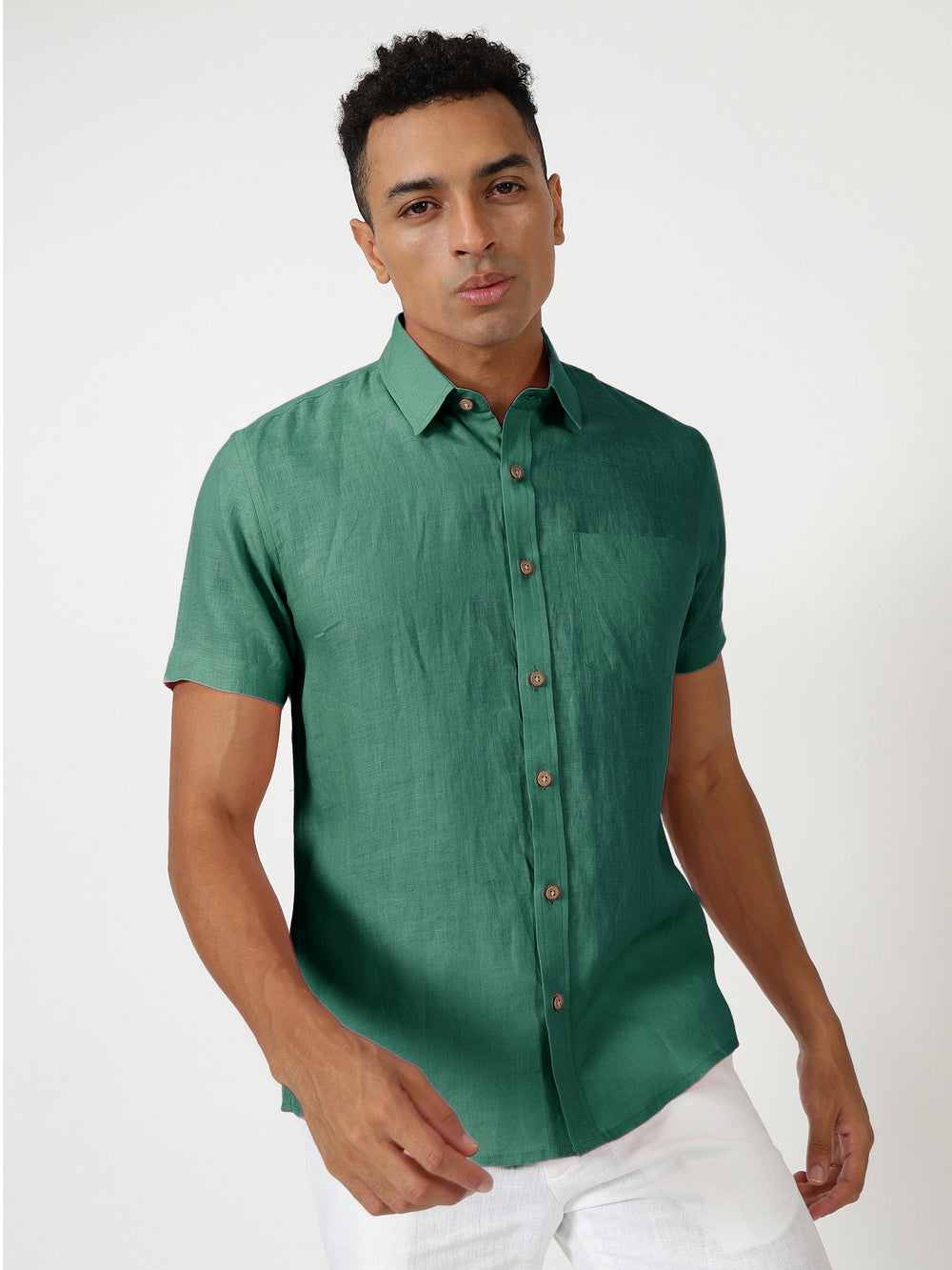 Harvey - Pure Linen Half Sleeve Shirt - Teal Green