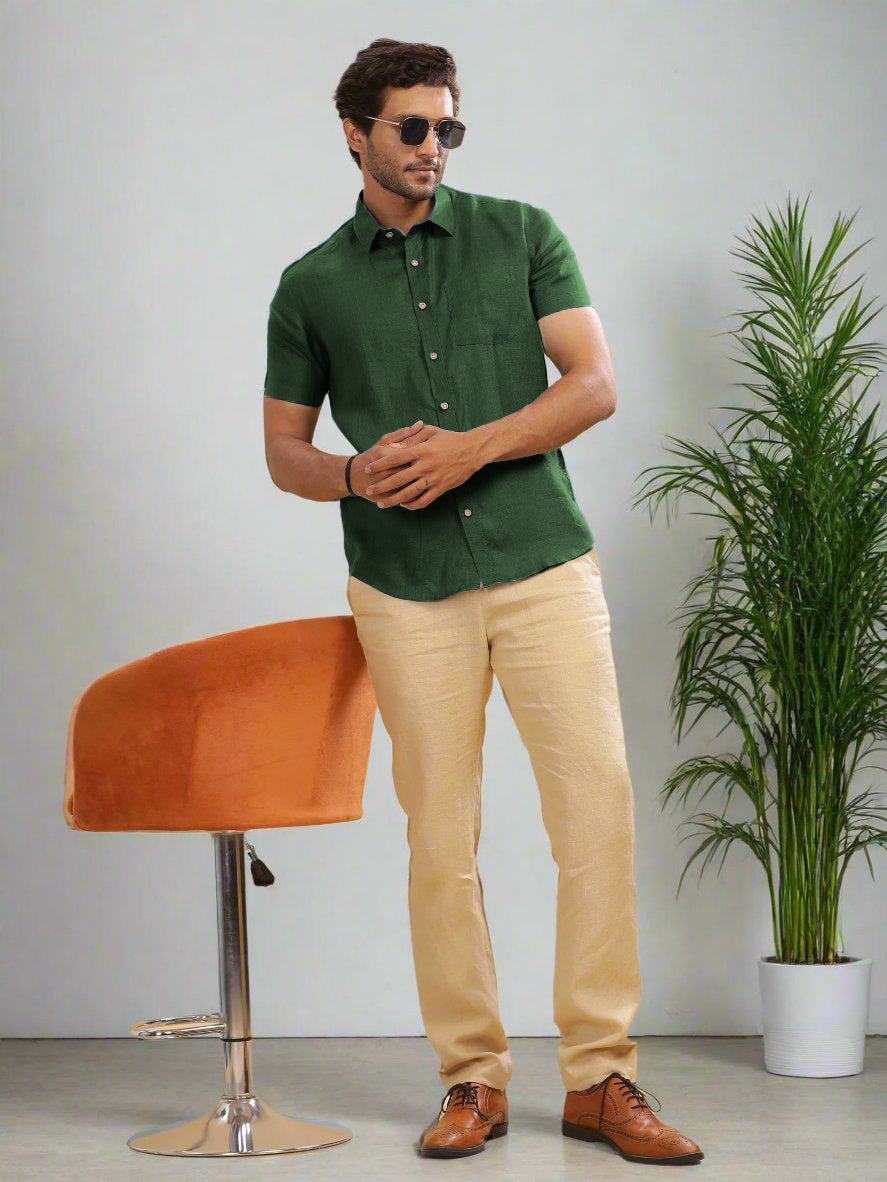 Harvey - Pure Linen Half Sleeve Shirt - Dark Green