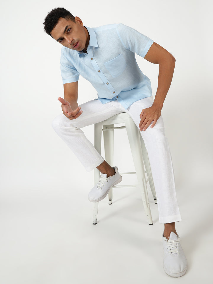 Blue Bliss Look | Sky Blue Harvey Linen Shirt & Pure White Trousers