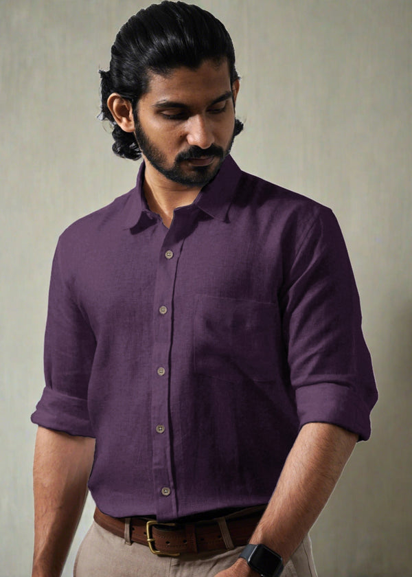 Harvey 100% Pure Linen Full Sleeve Shirt in Dark Purple with Regular Collar crafted in 60 LEA