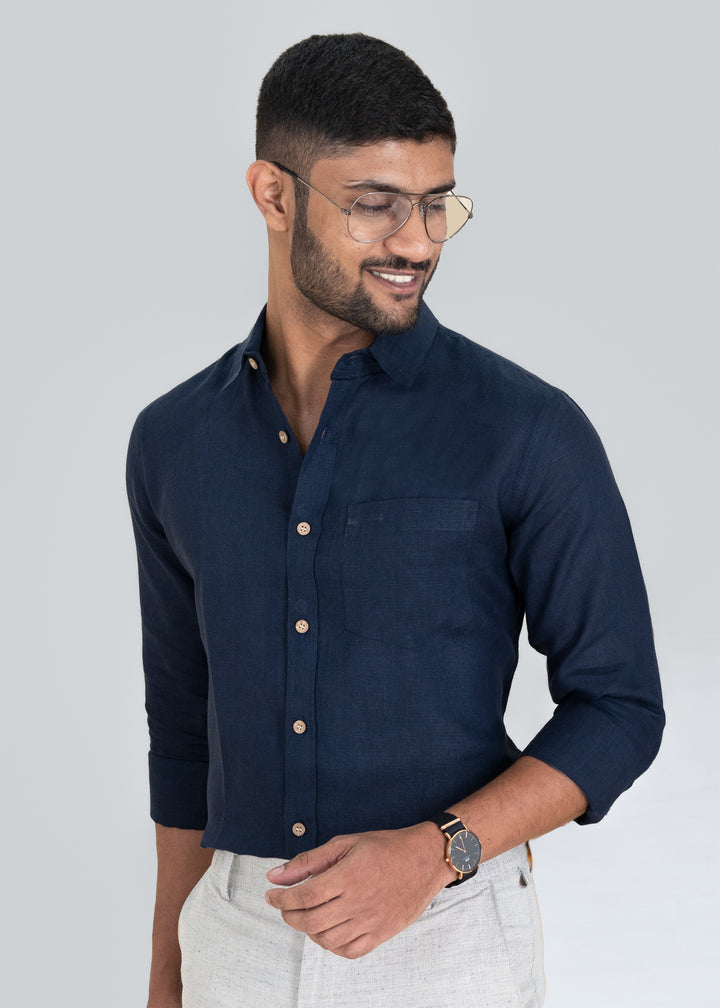 Harvey - Pure Linen Full Sleeve Shirt - Dark Blue