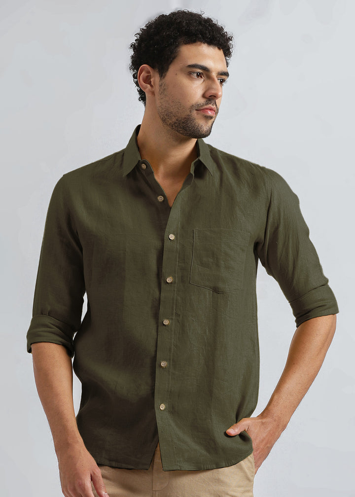 Harvey - Pure Linen Full Sleeve Shirt - Moss Green