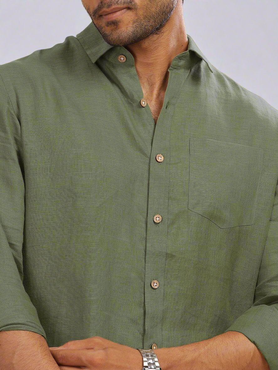 Harvey - Pure Linen Full Sleeve Shirt - Olive Green