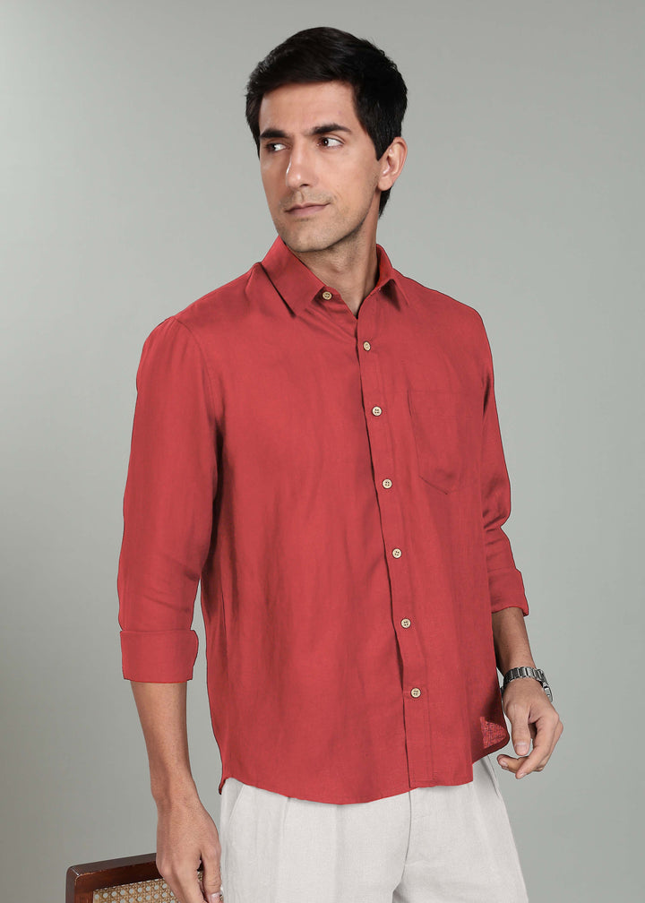 Harvey - Pure Linen Full Sleeve Shirt - Terracotta Red