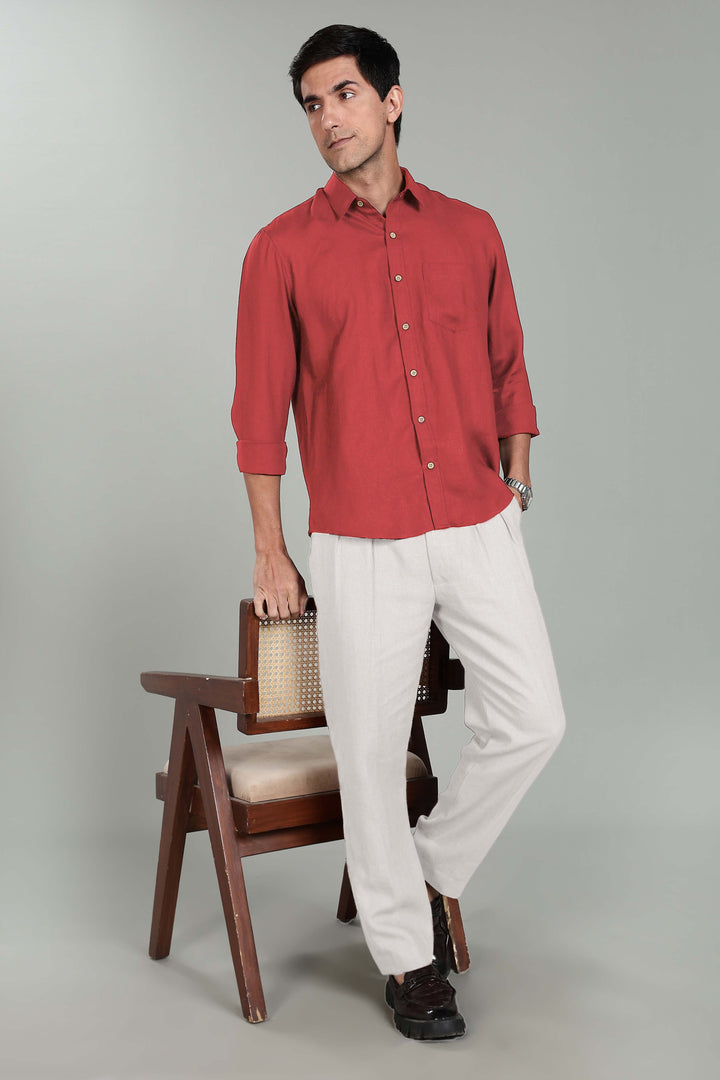 Harvey - Pure Linen Full Sleeve Shirt - Terracotta Red