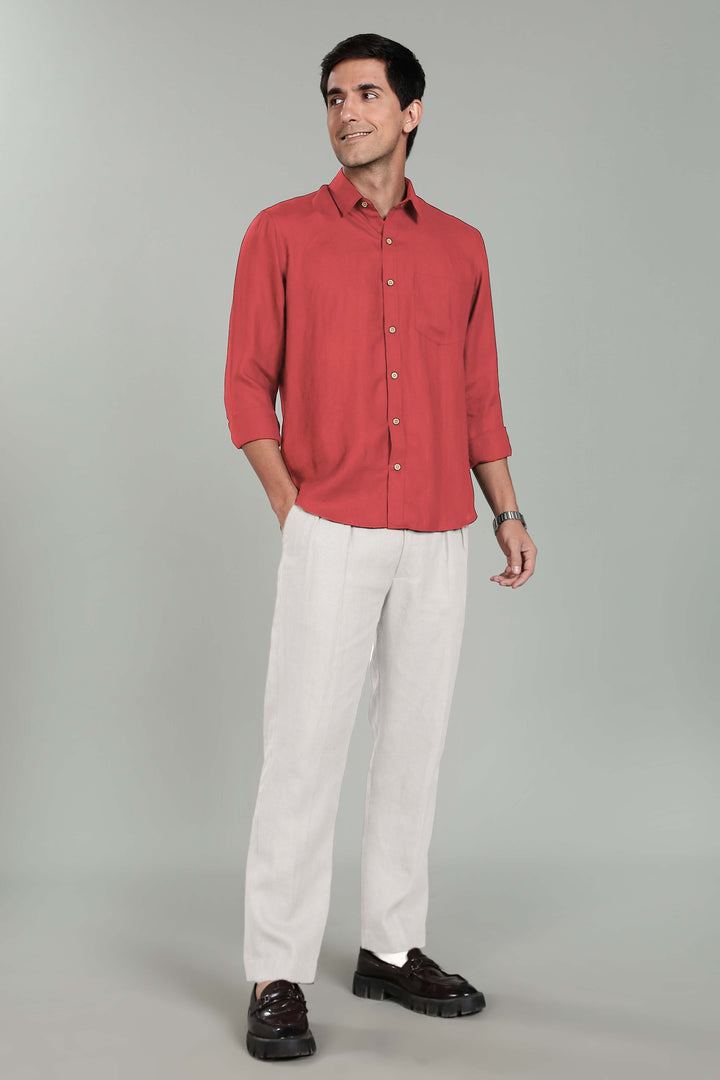 Harvey - Pure Linen Full Sleeve Shirt - Terracotta Red