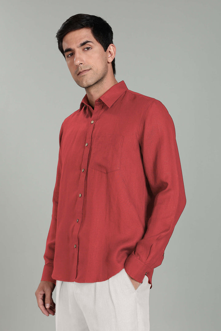 Harvey - Pure Linen Full Sleeve Shirt - Terracotta Red