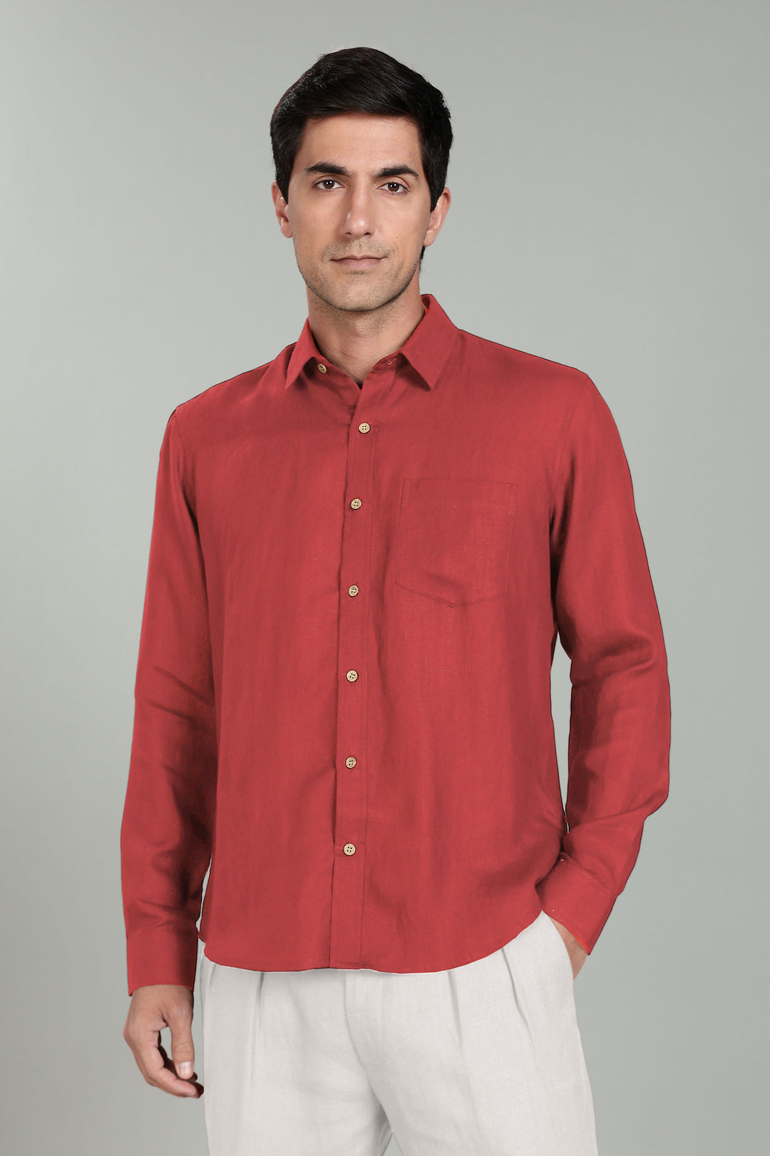 Harvey - Pure Linen Full Sleeve Shirt - Terracotta Red