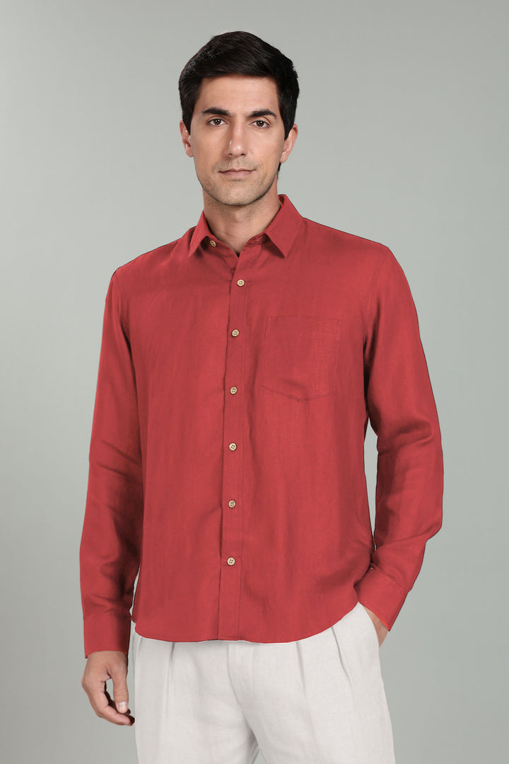 Harvey - Pure Linen Full Sleeve Shirt - Terracotta Red