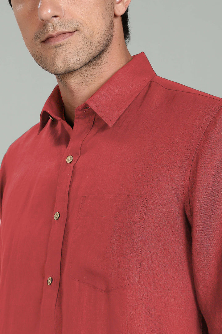 Harvey - Pure Linen Full Sleeve Shirt - Terracotta Red
