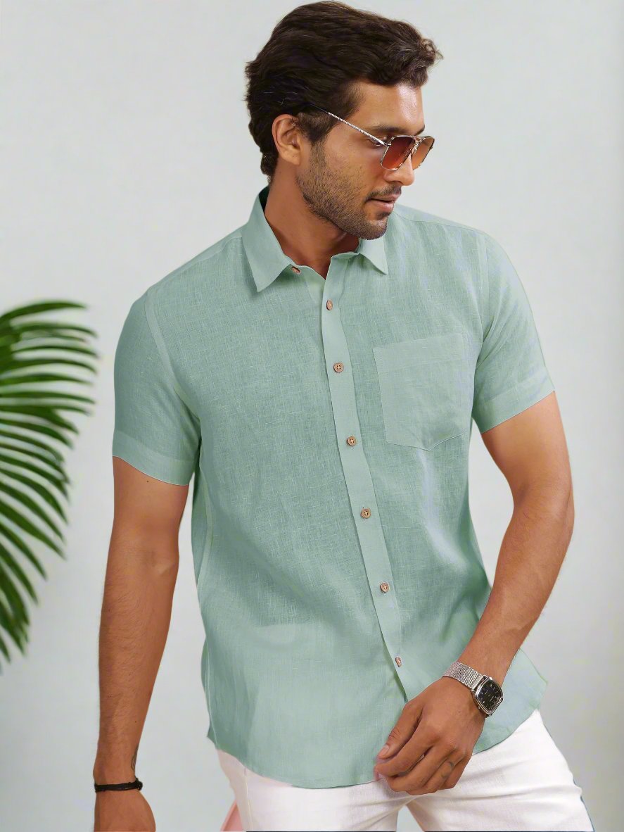 Harvey - Pure Linen Half Sleeve Shirt - Aqua Green