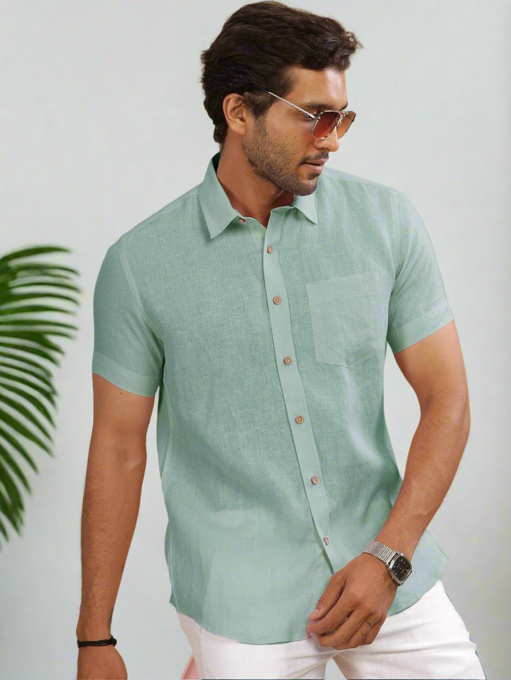 Harvey - Pure Linen Half Sleeve Shirt - Aqua Green