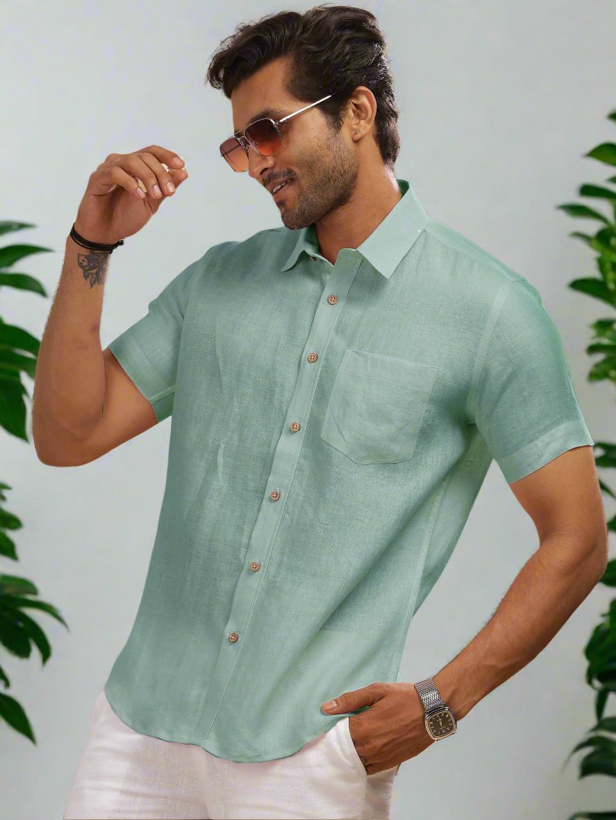 Harvey - Pure Linen Half Sleeve Shirt - Aqua Green