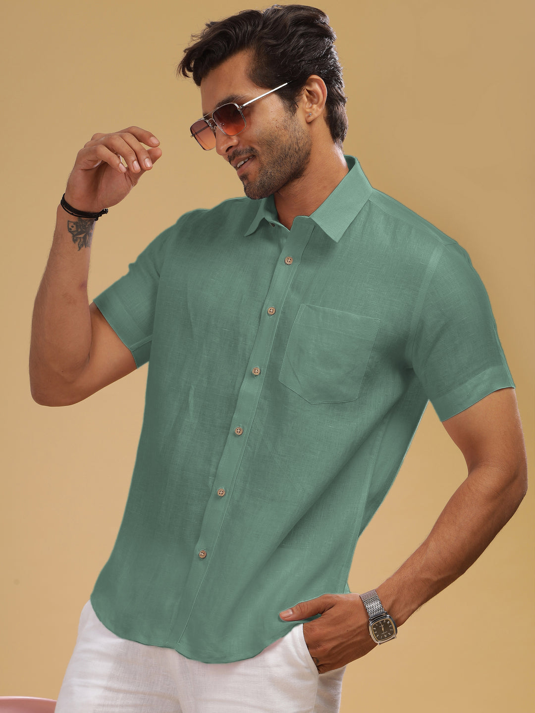 Harvey - Pure Linen Half Sleeve Shirt - Spring Green