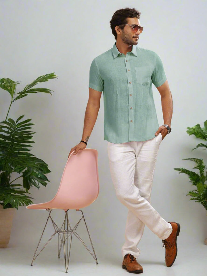 Harvey - Pure Linen Half Sleeve Shirt - Aqua Green